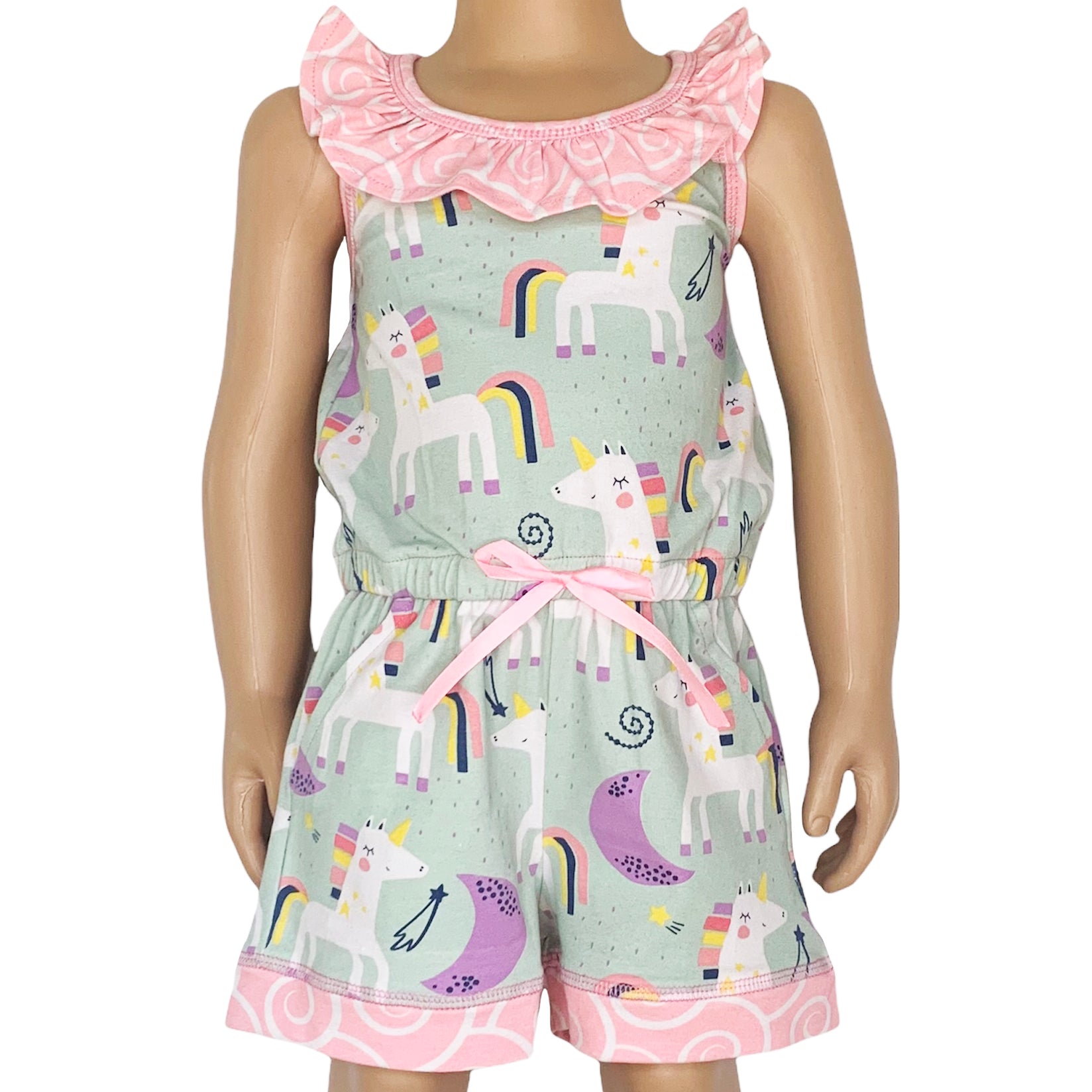 AnnLoren Little & Big Girls Jumpsuit featuring a magical unicorn and rainbow print, with pink swirl ruffle neckline and criss-cross straps.